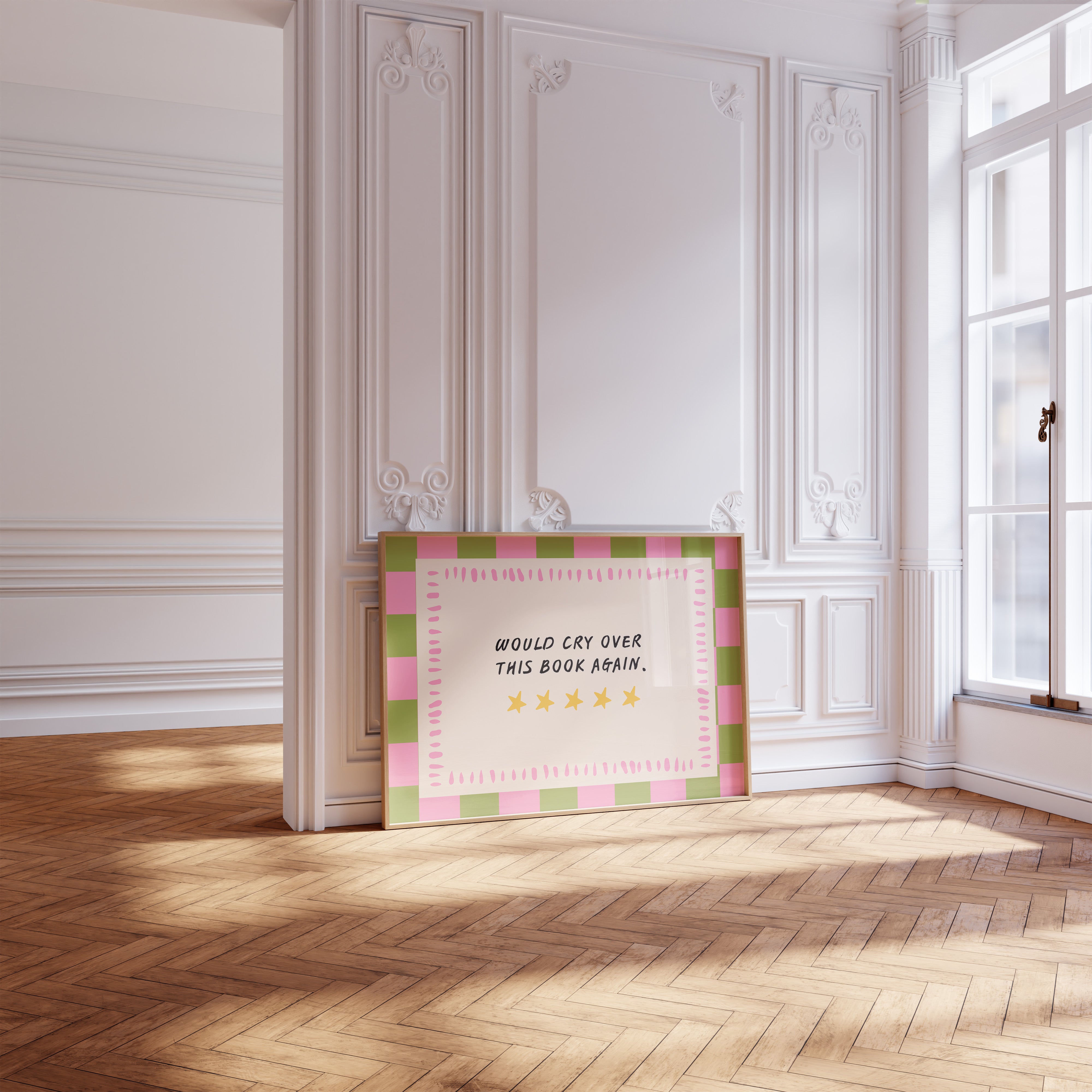 Would Cry Over This Book Again horizontal 24x36 bookish wall art poster leaning in a sunlit white paneled room on a herringbone wood floor