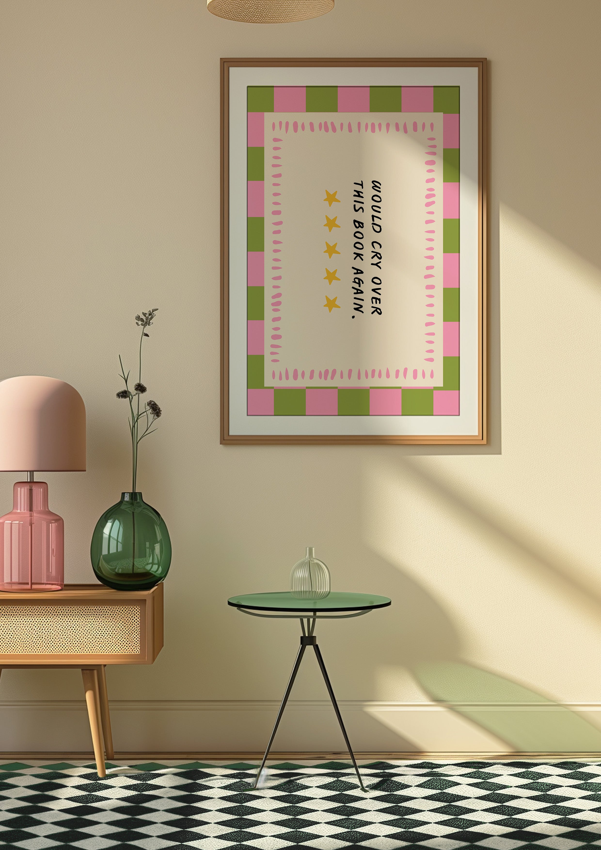 Would Cry Over This Book Again 24x36 bookish wall art poster framed in a sunny mid-century room with a checkered floor