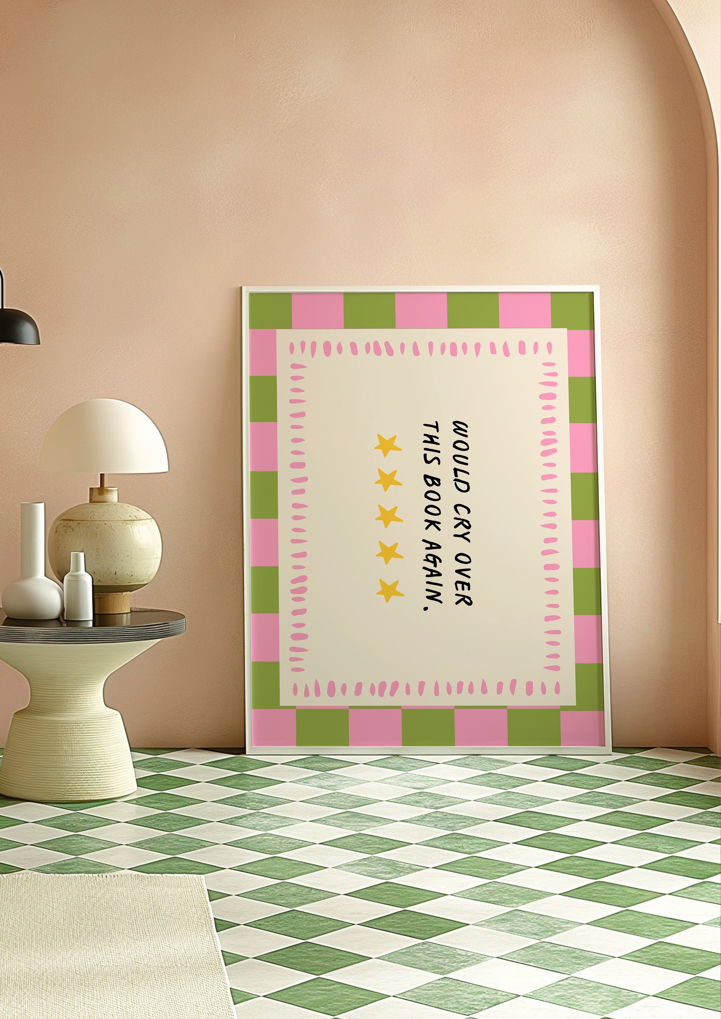 Would Cry Over This Book Again 24x36 bookish wall art poster leaning against a peach wall on a green checkered floor